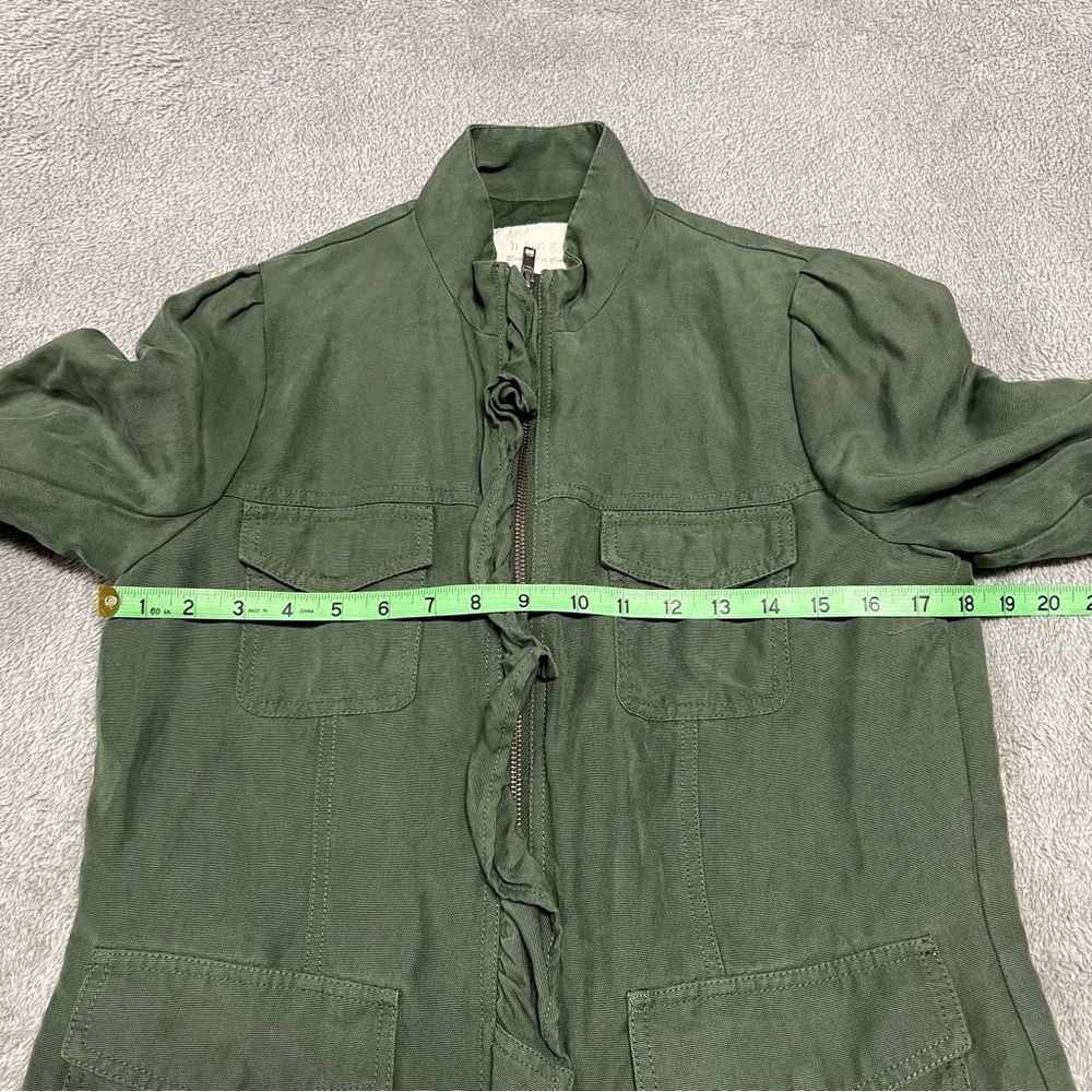 Hinge Seattle Military Jacket Womens Small Army Green Ruffle Zip Trumpet Sleeve - Picture 3 of 8